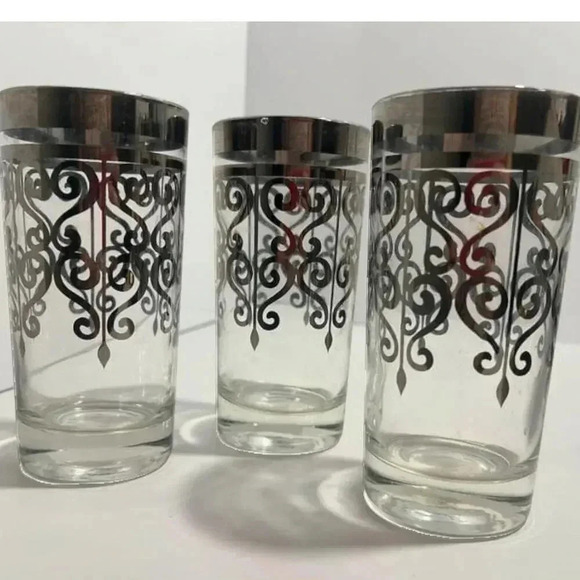 Vintage MCM Mid Century Silver Rimmed Scroll Pattern Highball Glasses Set of 3 - Picture 3 of 5